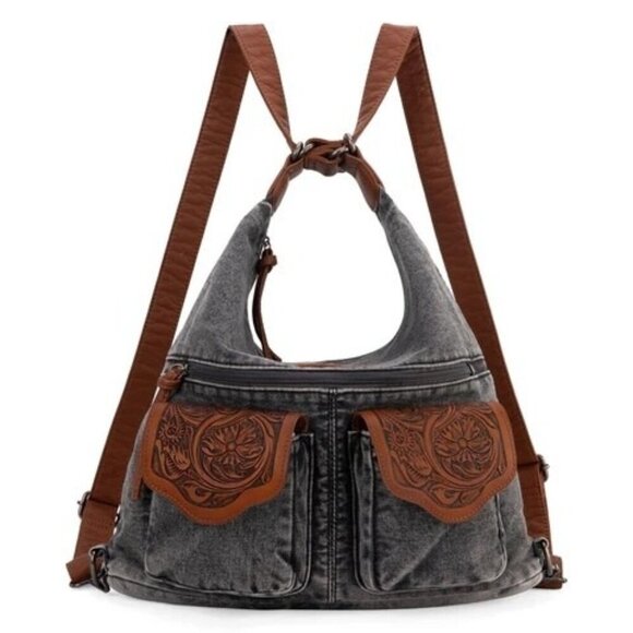 Convertible hobo, backpack, crossbody made of denim jean and PU leather - Picture 1 of 10